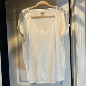 Not Shy scoop neck distressed white tee with sequin shoulder details. Size L.